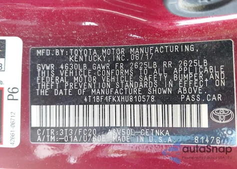 2017 Toyota Camry Le from USA, damaged, VIN 4T1BF1FKXHU810578